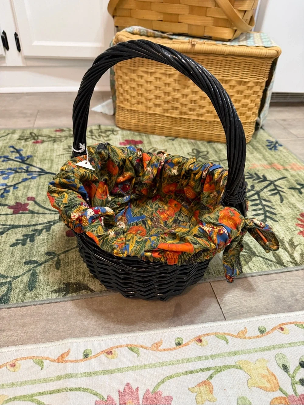 Vintage Autumn Fabric Lined Black Wicker Basket Colorful Autumn Primitives